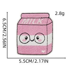 Pink cartoon milk box embroidery patch with dimensions 6.5cm x 5.5cm and 2.8g weight
