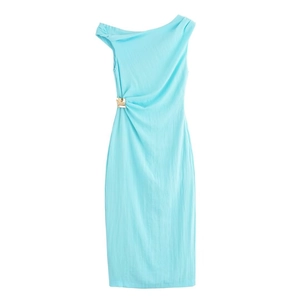 Robe Midi Femme Asymétrique Épaule Tissu Texturé Boucle Dorée Sans Manches Élégant Formel Bleu Clair