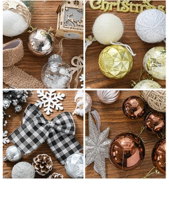 Detailed collection of champagne and rose gold Christmas tree ornaments and festive bows