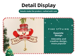 Detail of fabric snowman ornament with Feliz Navidad sign and a small gold bell