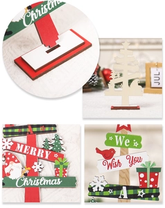 Detailed view of wooden Christmas tree tabletop ornaments with festive painted patterns
