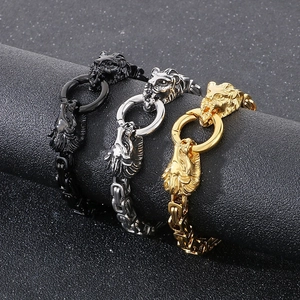 Men's titanium steel Byzantine chain bracelet with vintage lion head in black gold silver