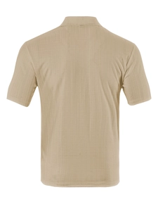 Detail of light khaki textured waffle fabric on the back of a men's short sleeve shirt