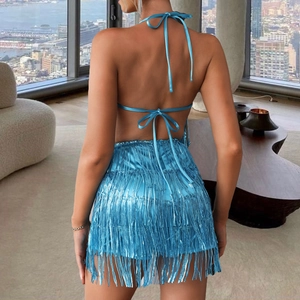 Detailed back view of a blue halter top and matching layered fringe mini skirt set