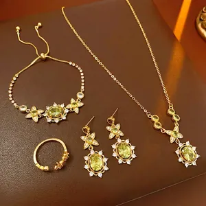 Collier Bracelet Bague Et Boucles D Oreilles Vintage En Cuivre Zircon Avec Tige En Argent Pour Femmes Style Palais Luxe