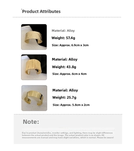 Size guide for textured alloy cuff bracelets showing weight and dimensions for three styles