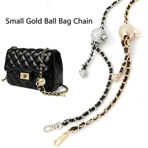 Adjustable gold ball metal chain strap for quilted handbags with leather weaving detail