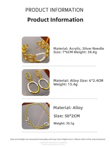 Detail of gold chain jewelry set with white enamel inlay and specific dimensions