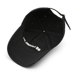 Inside view of black cotton baseball cap featuring Los Angeles embroidery and metal buckle