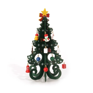 Miniature green wooden Christmas tree desk ornament with colorful festive hanging charms