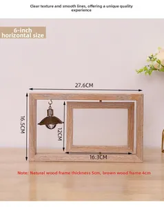 Detail of wooden rotating photo frame with a vintage light bulb decor and 6 inch inner frame