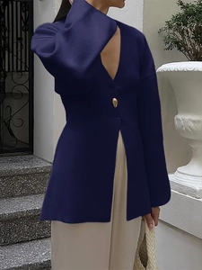 Detailed texture of dark blue knit cardigan with V-neck and single button design