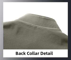 Macro shot of back collar craftsmanship and twill texture on men's jacket in khaki