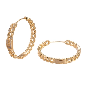 18k gold plated chain link earrings featuring rectangular zircon studded logo charms
