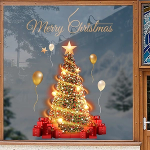 Christmas Window Stickers Static Clings PVC Traceless Double Sided Gold Tree Gift Balloons Shop Glass Decoration