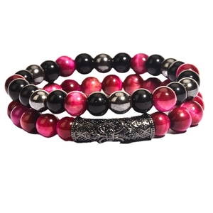 Set of two beaded bracelets with black and pink natural stones and a carved metal tube
