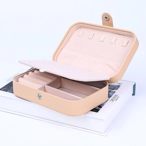 Portable double-layer PU leather jewelry organizer box in beige with multi-compartments