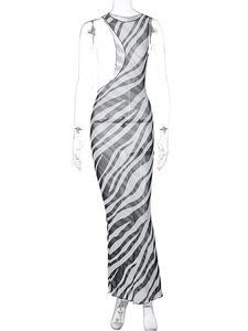 Detail of sheer zebra print mesh maxi dress with one-shoulder cutout design and slim fit