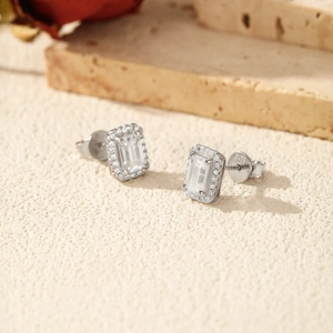 Elegant emerald-cut silver stud earrings with S925 sterling silver halo design