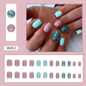 Faux ongles courts carrés en vert menthe et rose scintillant pour femmes