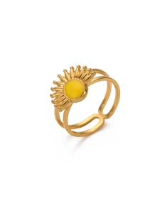 Detail of adjustable gold-plated stainless steel sun ring with yellow enamel inlay