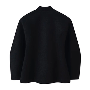 Women's black thick wool coat with a stand-up collar and elegant textured fabric finish
