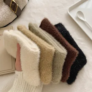 Women Fuzzy Socks Thickened Faux Mink Velvet Thermal Warm Sleeping Home Floor Crew Socks Elastic Soft Solid Color
