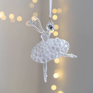 Elegant transparent acrylic ballerina ornament with ribbons for Christmas tree decoration