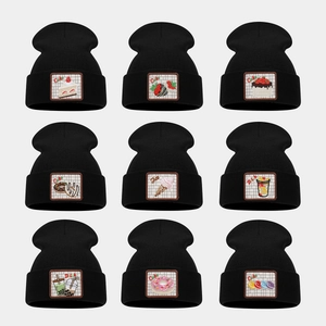 Unisex Winter Knitted Beanie Hat Warm Black Acrylic Cold Hat Featuring Creative Dessert Cake Coffee Embroidery Patch Design