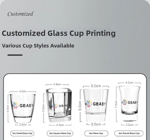 Detailed size chart for 1oz and 2oz customized shot glasses with various shapes