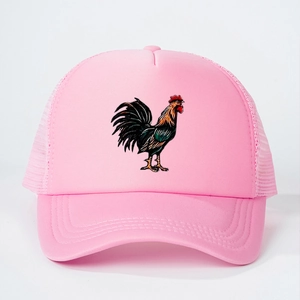 Pink mesh trucker hat with colorful rooster print and breathable outdoor sunshade design