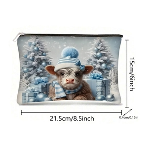 Highland cow print makeup bag with winter theme design, size 21.5cm x 15cm x 0.4cm