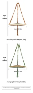 Detail showing brown and green handmade macrame wall shelf with triangular wood base