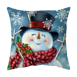 Square Christmas pillow case featuring a smiling snowman with a red scarf and snowflakes