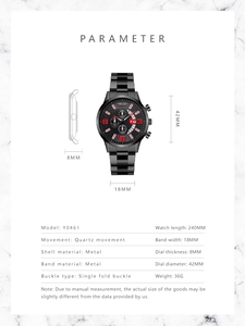Detailed spec sheet showing dimensions and features of this stylish black quartz watch