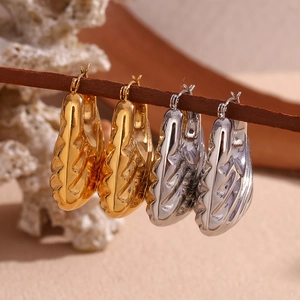 18K gold plated stainless steel trapezoid hoop earrings with diagonal wave texture