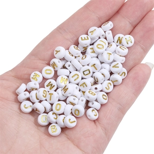 Flat round 4x7mm white acrylic alphabet beads with gold letters for DIY jewelry making