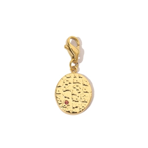 Detail eines goldenen runden Anhängers mit strukturierter Oberfläche und rotem Edelstein