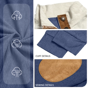 Men's blue corduroy casual shirt with contrast collar and elbow patches details