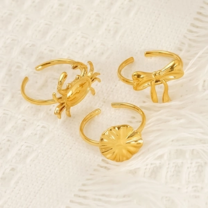 18k gold plated stainless steel adjustable rings with crab, bow and shell designs