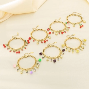 Fruit Charm Bracelet Stainless Steel Gold Plated Enamel Strawberry Cherry Apple Zircon Dainty Summer Jewelry For Women