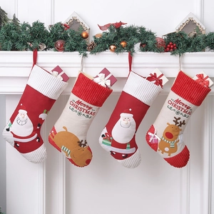 Christmas Stockings Large Gift Bags Corduroy Linen Cloth Cartoon Applique Santa Claus Reindeer Fireplace Hanging Decor