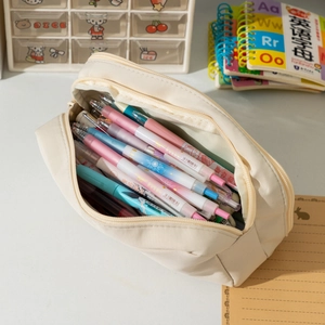 Large capacity beige canvas pencil case with zipper and multi-layer stationery storage