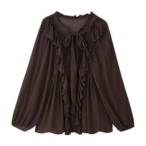 Chemisier En Mousseline À Volants Pour Femmes Col À Nouer Manches Longues Plissé Couleur Unie Top