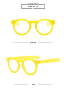 Front and side view of jelly yellow round frame glasses with anti-blue light lenses