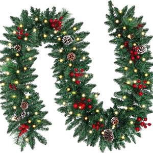 Christmas Garland PVC Pine Needle Red Berry Pine Cone LED Warm Light Festive Holiday Home Mantel Decoration