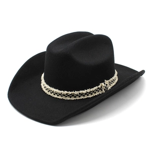 Classic black wool felt cowboy hat with vintage black and white plaid fringed ribbon