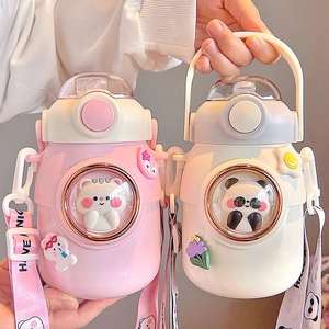 Insulated Water Bottle 316 Stainless Steel Large Capacity 3D Cartoon Space Capsule Straw Strap Vacuum Flask Kids