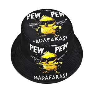Black cotton bucket hat featuring a cool cartoon chick with sunglasses and pew pew print