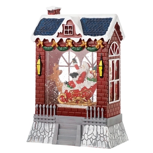 Christmas musical snow globe house with Santa Claus and reindeer on a white background